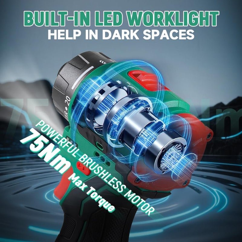 HOTECHE Cordless Brushless Screwdriver - 2.0Ah Battery, 75Nm Torque, 1/4" Chuck, with Charger & LED Light - Image 3